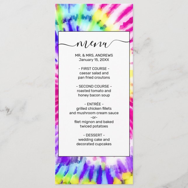 Artsy Neon Rainbow Tie Dye Watercolor Mönster Meny (Framsida)