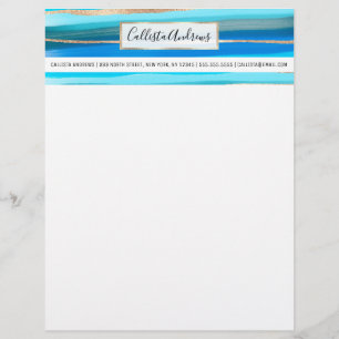 Artsy Ocean Aqua Blue Guld Abstrakt Paint Rand Brevhuvud