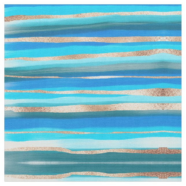 Artsy Ocean Aqua Blue Guld Abstrakt Paint Rand Tyg (Närbild)