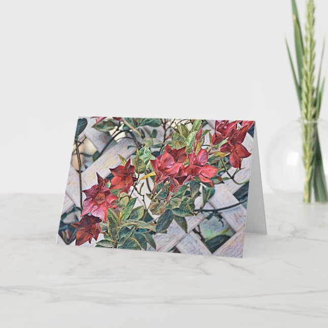 Artsy Red Flowers on Fence Clematis Note Card Kort (Framsida)