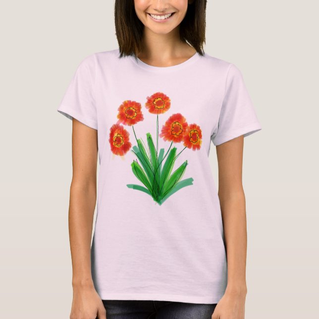 Artsy Red Orange Blommigt Tee Shirt (Framsida)