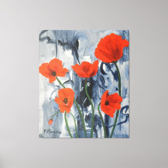 Artsy Red Poppies Modern Grått Abstrakt Canvastryck (Framsida)