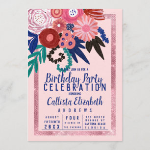 Artsy Rosa Blue Glitter Blommigt Akrylenfåglar Bl Inbjudningar