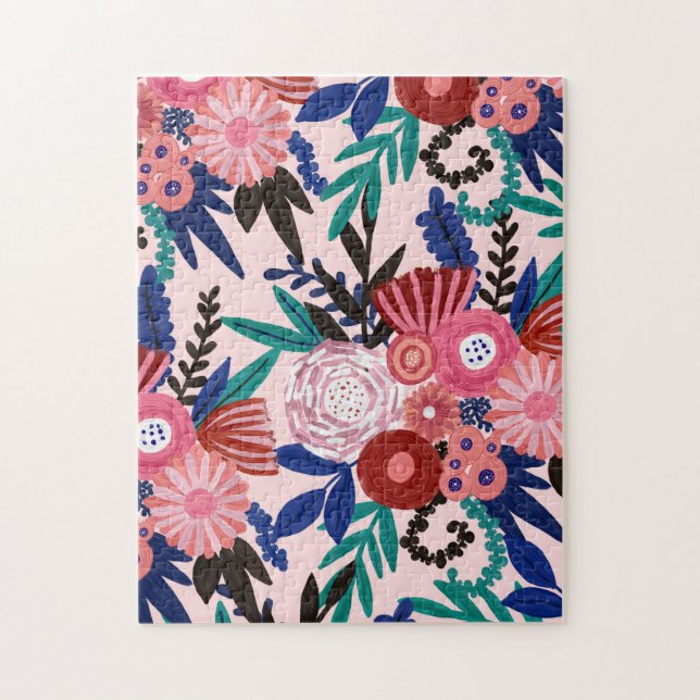 Artsy Rosa Red Blue Acrylic Painting Flowers Löv Pussel (Vertikal)