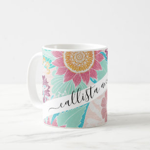 Artsy Rosa Teal Flowers Löv Oil Painting Mönster Kaffemugg