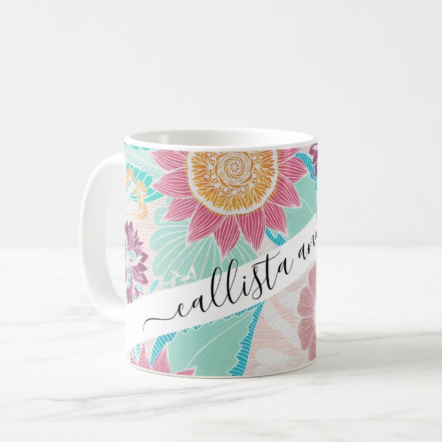 Artsy Rosa Teal Flowers Löv Oil Painting Mönster Kaffemugg (Framsida vänster)