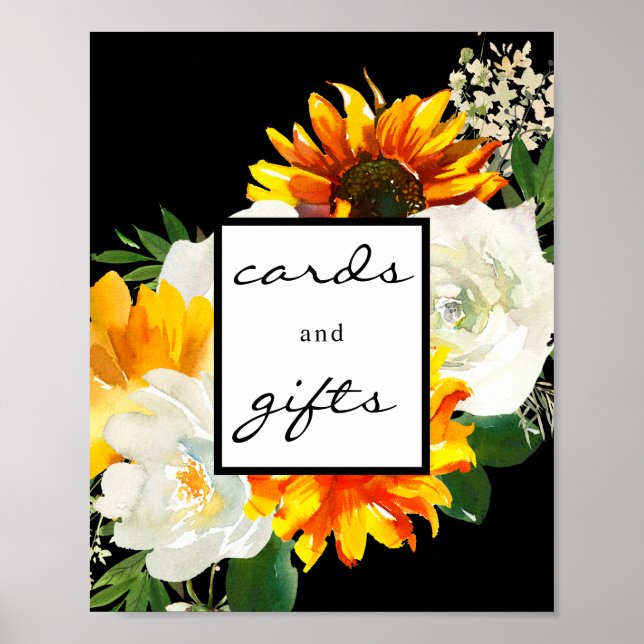 Artsy Solros Blommigt Cards & Gifts Sign Black Poster (Framsidan)