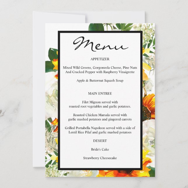 Artsy Solros Blommigt Menu - White Inbjudningar (Framsida)