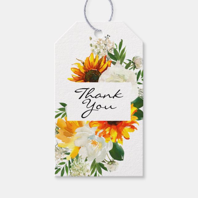 Artsy Solros Blommigt Tack - vit Presentetikett (Framsidan)