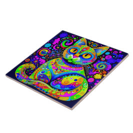 Artsy Vibrant Vibrant Colorful Cat Ceramic Tile Kakelplatta