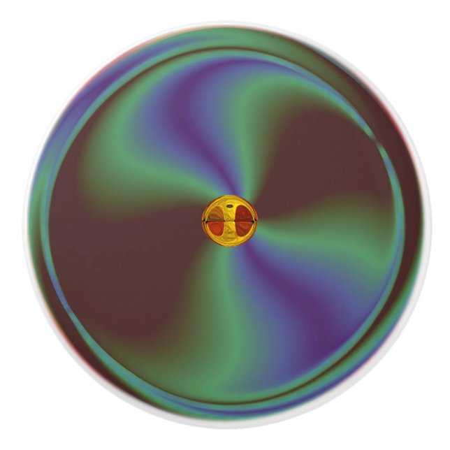 Arty Blue Grönt Vågigt Swirl med Guld keramiska kn Knopp (Framsidan)