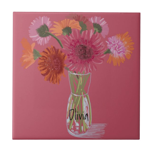 Arty Gerbera Colorful Flower +eget namn Kakelplatta (Framsidan)