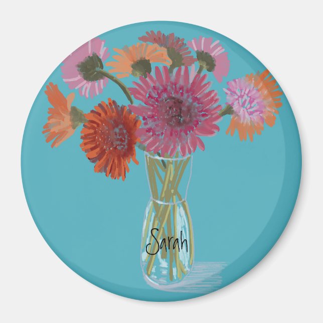 Arty Gerbera Colorful Flower +eget namn Magnet (Framsidan)