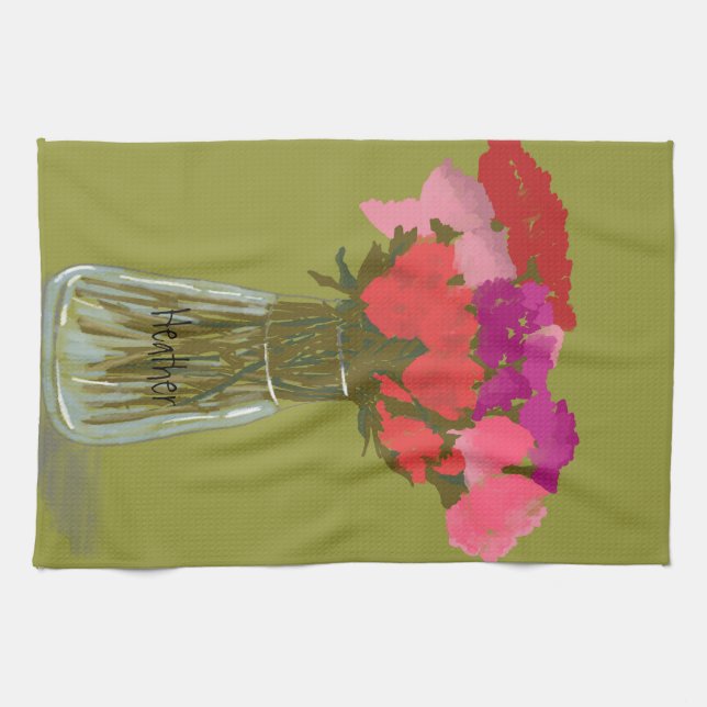 Arty Lycklig färgblommor i Vas +eget namn Kökshandduk (Horisontell)