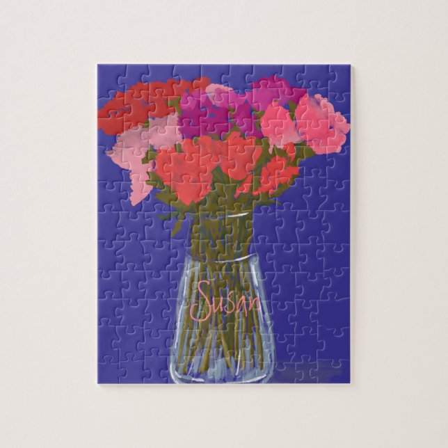 Arty Lycklig färgblommor i Vas +eget namn Pussel (Vertikal)