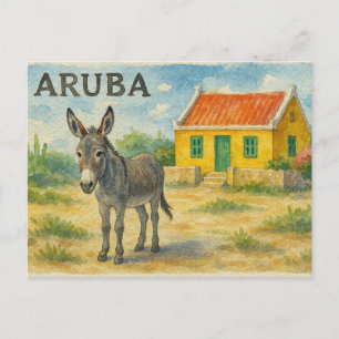 Aruba åsna med gul Cunucu hus akvarell Helg Vykort