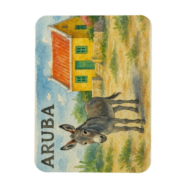 Aruba åsna med gul Cunucu hus akvarell Magnet (Vertikal)