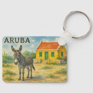 Aruba åsna med gul Cunucu hus akvarell Nyckelring