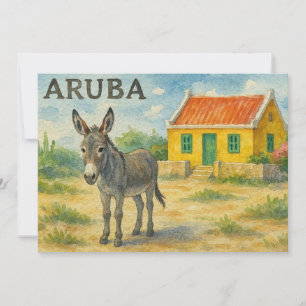 Aruba åsna med gul Cunucu hus akvarell Tack Kort