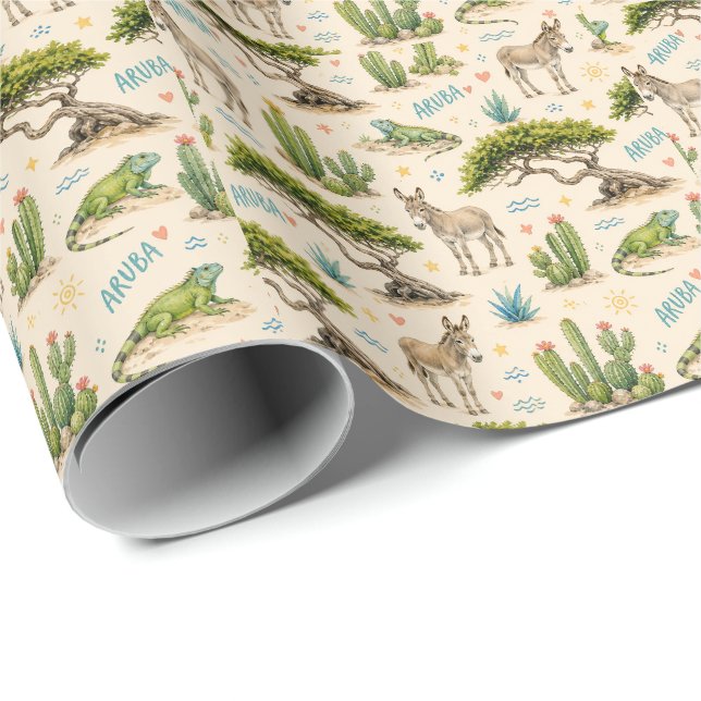 Aruba divi träd, åsna, leguan, kaktus presentpapper (Rullad Hörn)