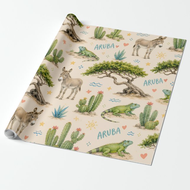 Aruba divi träd, åsna, leguan, kaktus presentpapper (Utrullad)
