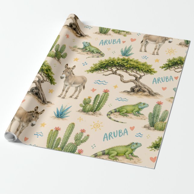 Aruba divi träd, åsna, leguan, kaktus presentpapper (Utrullad)