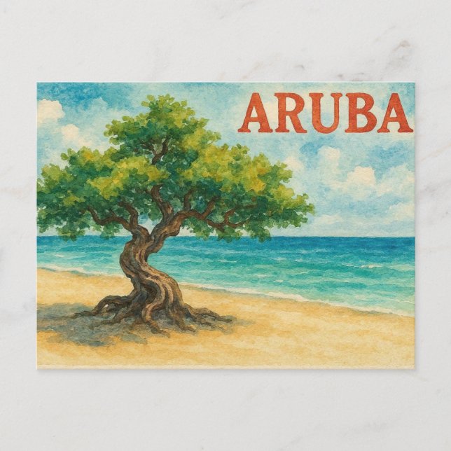 Aruba Divi Tree Eagle Beach akvarell Helg Vykort (Framsida)