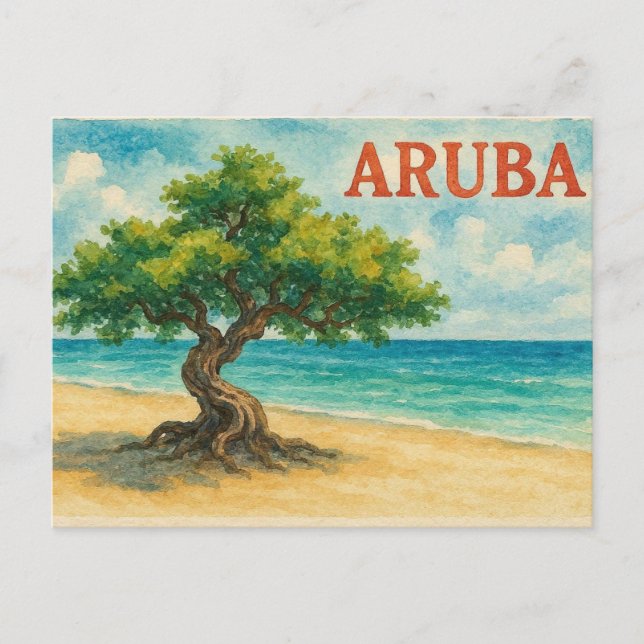 Aruba Divi Tree Eagle Beach watercolor Helg Vykort (Framsida)