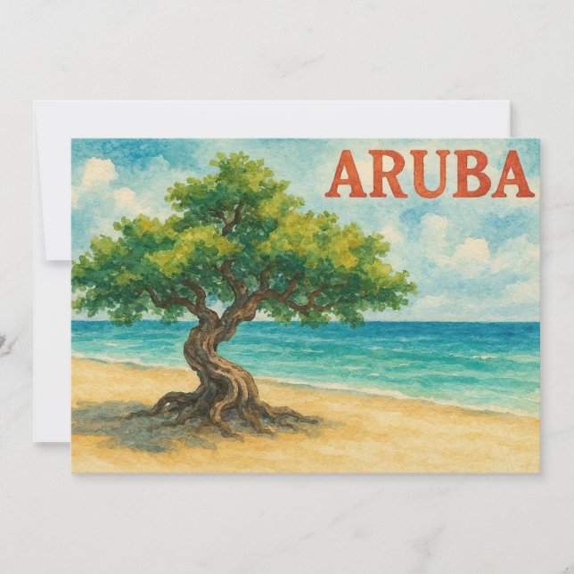 Aruba Divi Tree Eagle Beach watercolor Tack Kort (Framsida)
