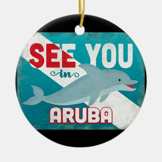 Aruba Dolphin - Retro Vintage resor Julgransprydnad Keramik (Framsidan)