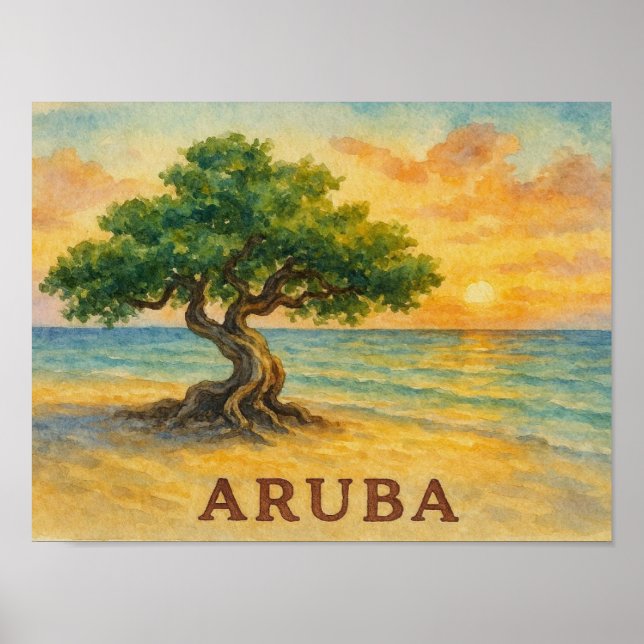 Aruba Eagle Beach Divi Träd Gyllene Timmen Poster (Framsidan)