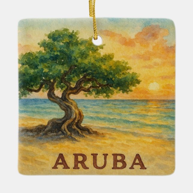 Aruba Eagle Beach Divi Tree Golden Hour Julgransprydnad Keramik (Framsida)