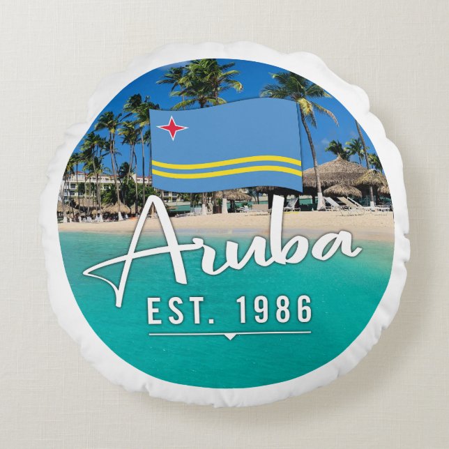 "Aruba Est. 1986-tumsfack med Flagga Rund Kudde (Framsidan)