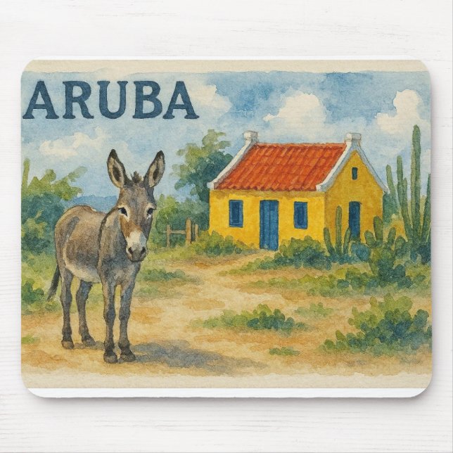 Aruba Gul Cunucu-hus med åsna akvarell Musmatta (Framsidan)