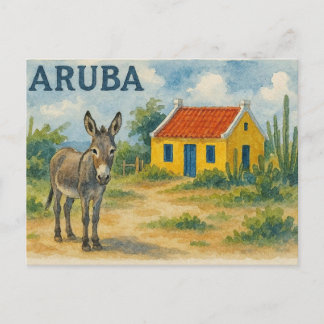 Aruba Gul Cunucu-hus med åsna akvarell Vykort