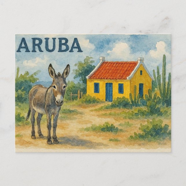 Aruba Gul Cunucu-hus med åsna akvarell Vykort (Framsida)