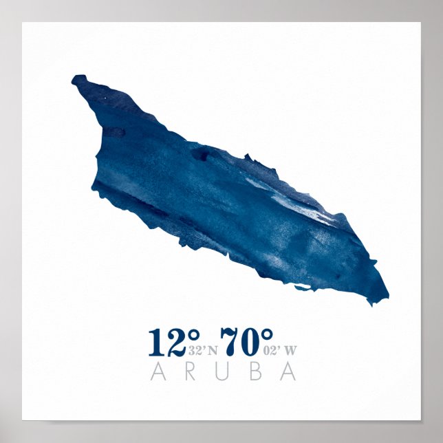 Aruba Karta Blue Watercolor Coordinates Poster (Framsidan)