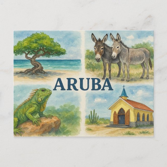 Aruba multivy vattenfärg helg vykort (Framsida)