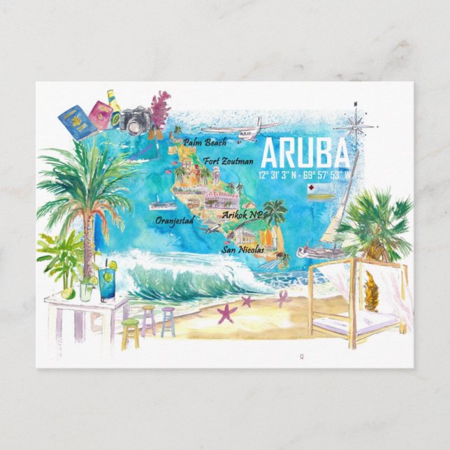 Aruba Nederländska Antillerna Karibisk ö Illustrer Vykort (Framsida)