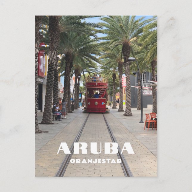 Aruba Oranjestad streetcar i handflatan träd Vykort (Framsida)