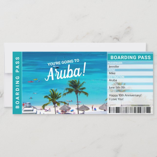 Aruba Överraskningsresa Boarding Pass Gåvobiljett (Framsida)
