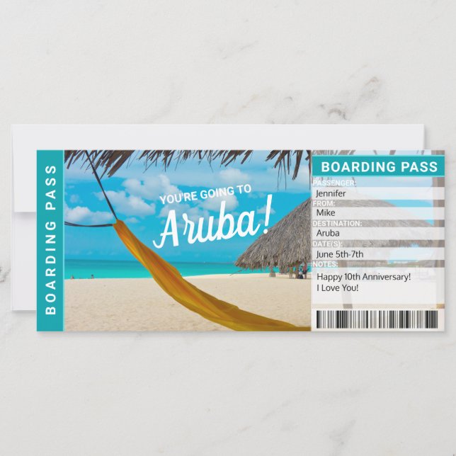 Aruba Överraskningsresa Boarding Pass Gåvobiljett (Framsida)