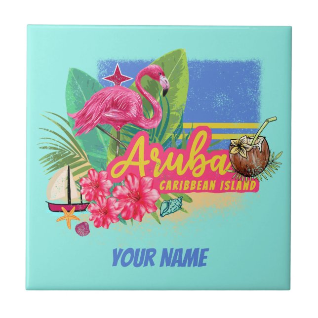 Aruba Retro-Västindien med Flamingo-Vintagen Kakelplatta (Framsidan)