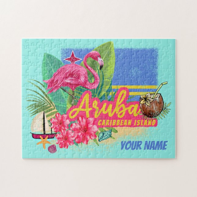 Aruba Retro-Västindien med Flamingo-Vintagen Pussel (Horisontell)