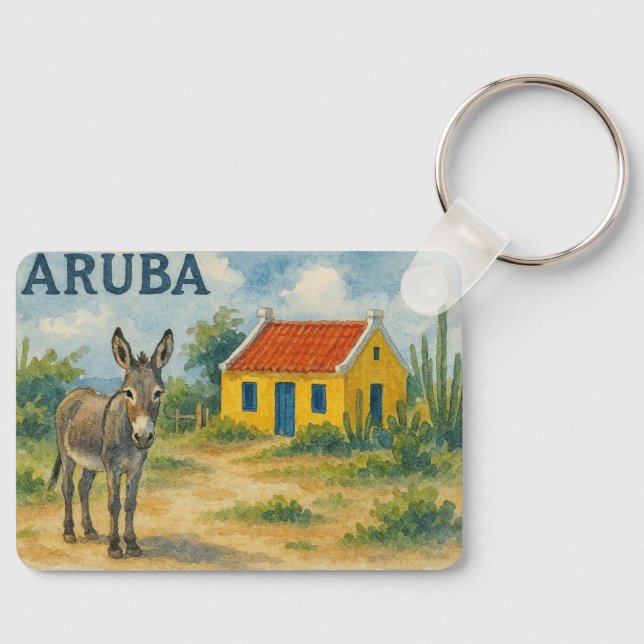 Aruba Yellow Cunucu house with donkey watercolor Nyckelring (Framsida)