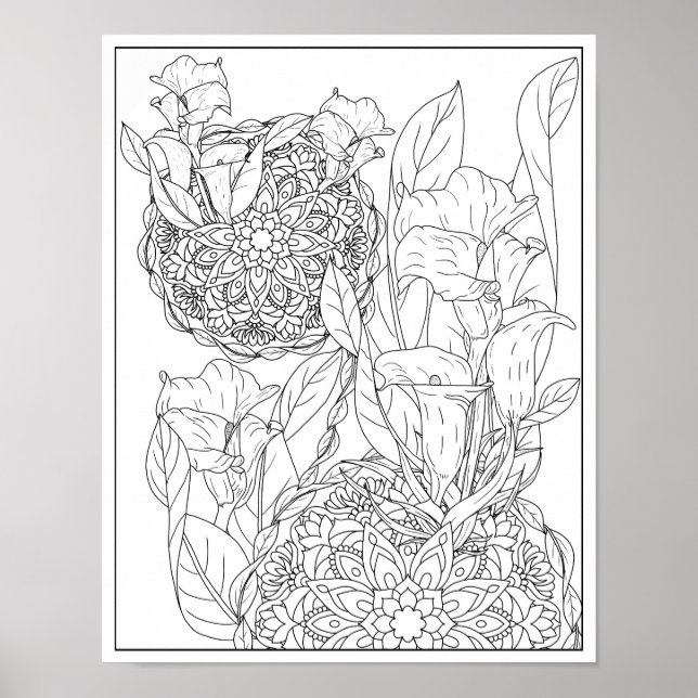 Arum Lilior och Blad Mandala Vuxen Färgning Poster (Framsidan)