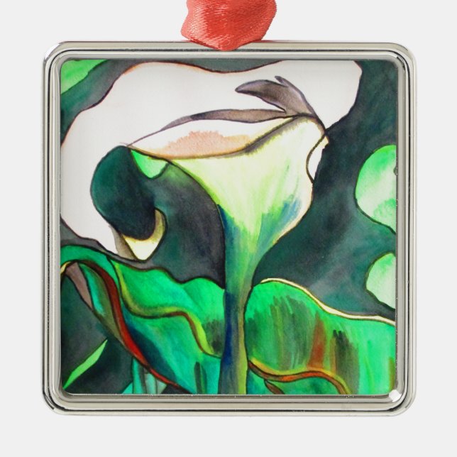 Arum Lily vattenfärgsoriginalkonstmålning Julgransprydnad Metall (Framsidan)