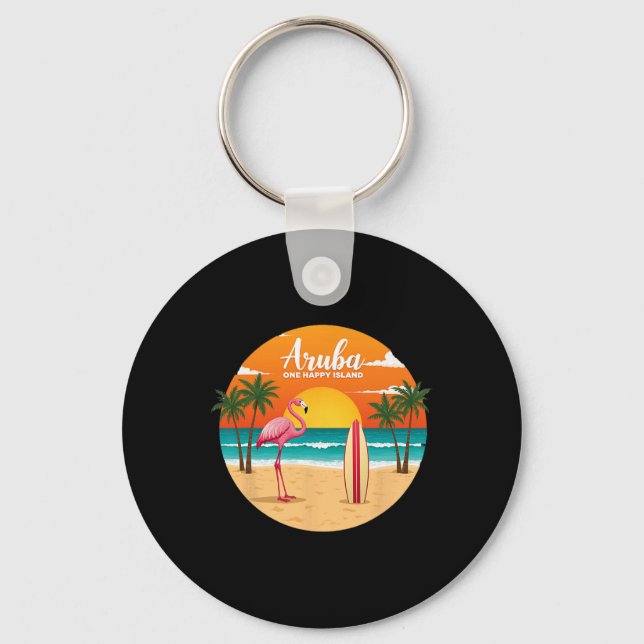 Aru's One Happy Island Flamingo Surfing Tropical B Nyckelring (Framsida)