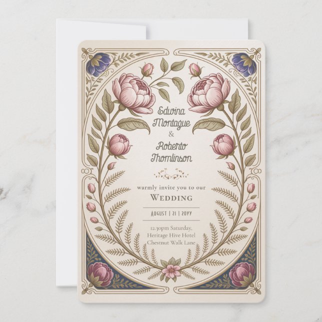 Arv Art Nouveau Botanisk Bröllops Peonies Inbjudningar (Framsida)