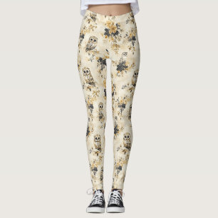 Arv Beige Uggla Botanisk Blommig Mönster Leggings
